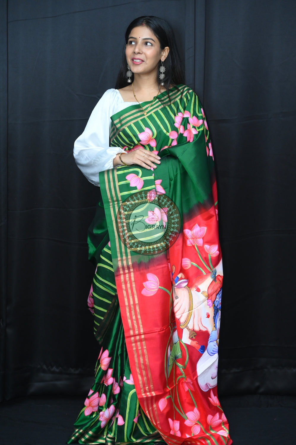 Green Red Krishna Pichwai Pattachitra Silk Saree