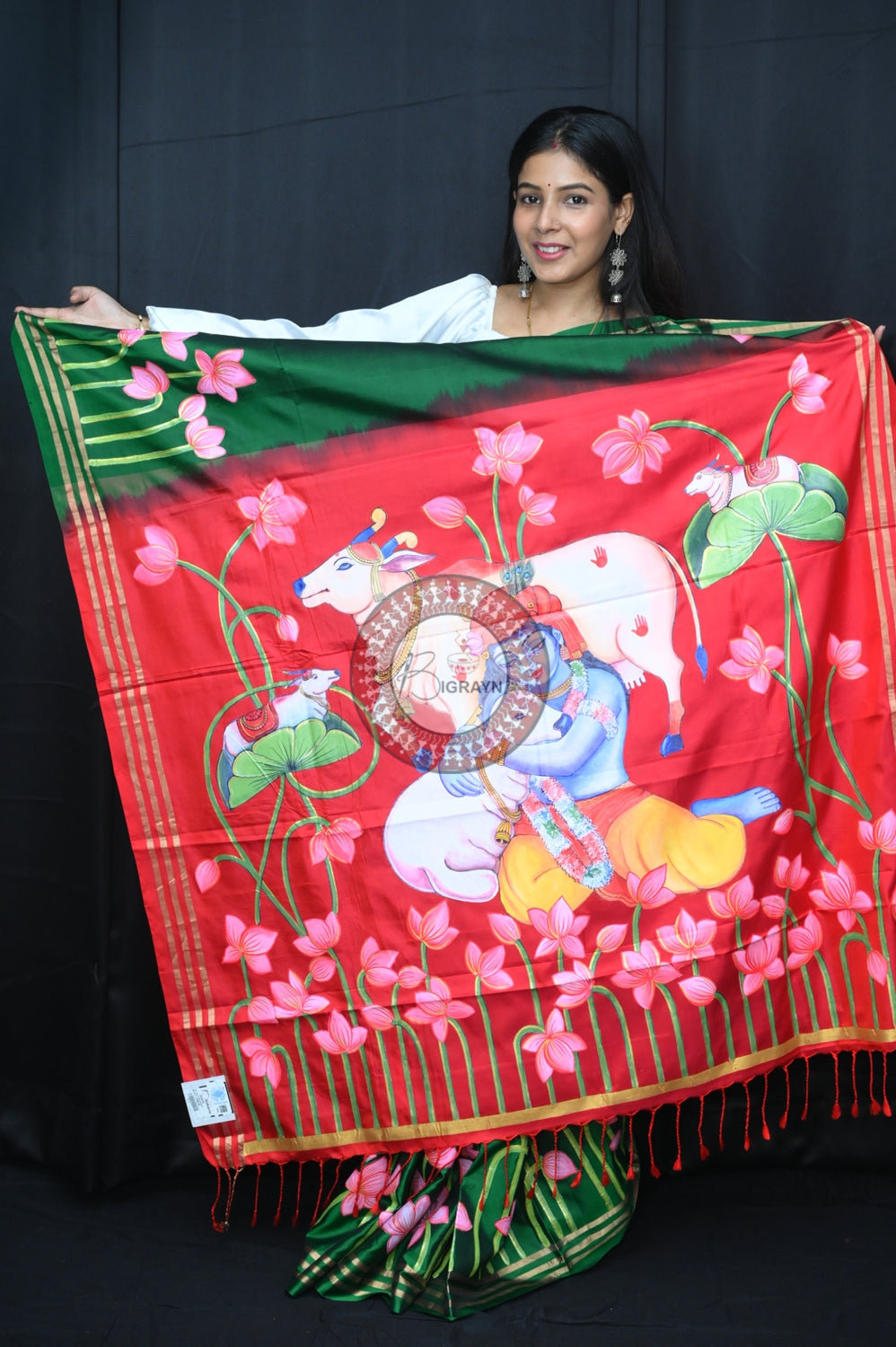 Green Red Krishna Pichwai Pattachitra Silk Saree