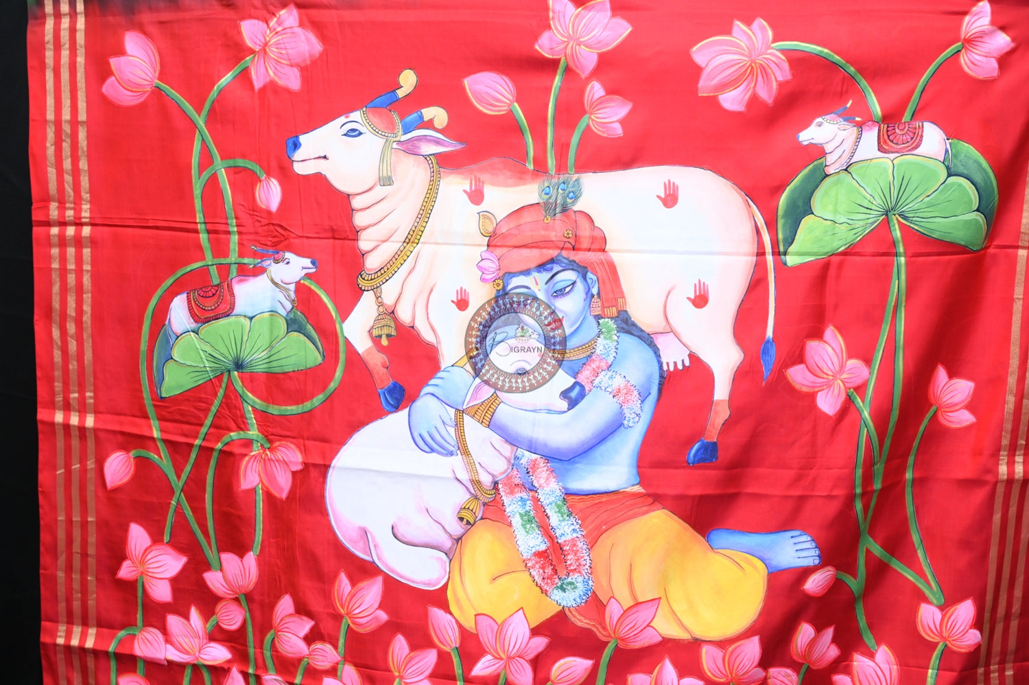 Green Red Krishna Pichwai Pattachitra Silk Saree