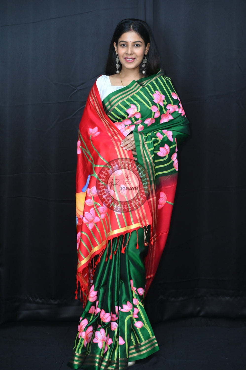 Green Red Krishna Pichwai Pattachitra Silk Saree