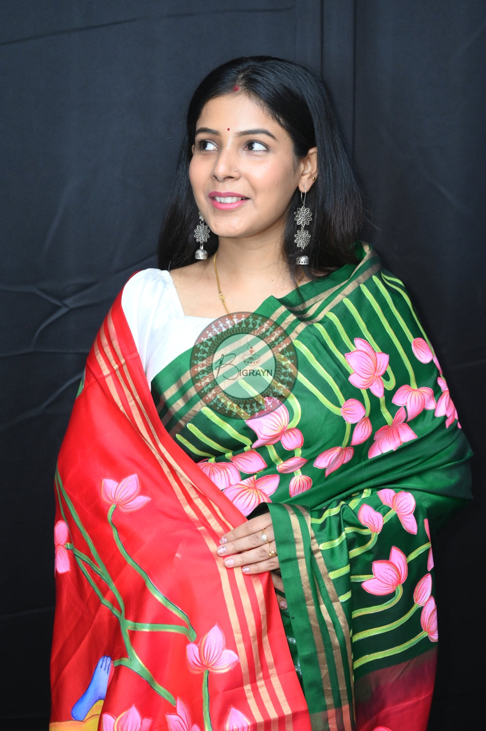 Green Red Krishna Pichwai Pattachitra Silk Saree