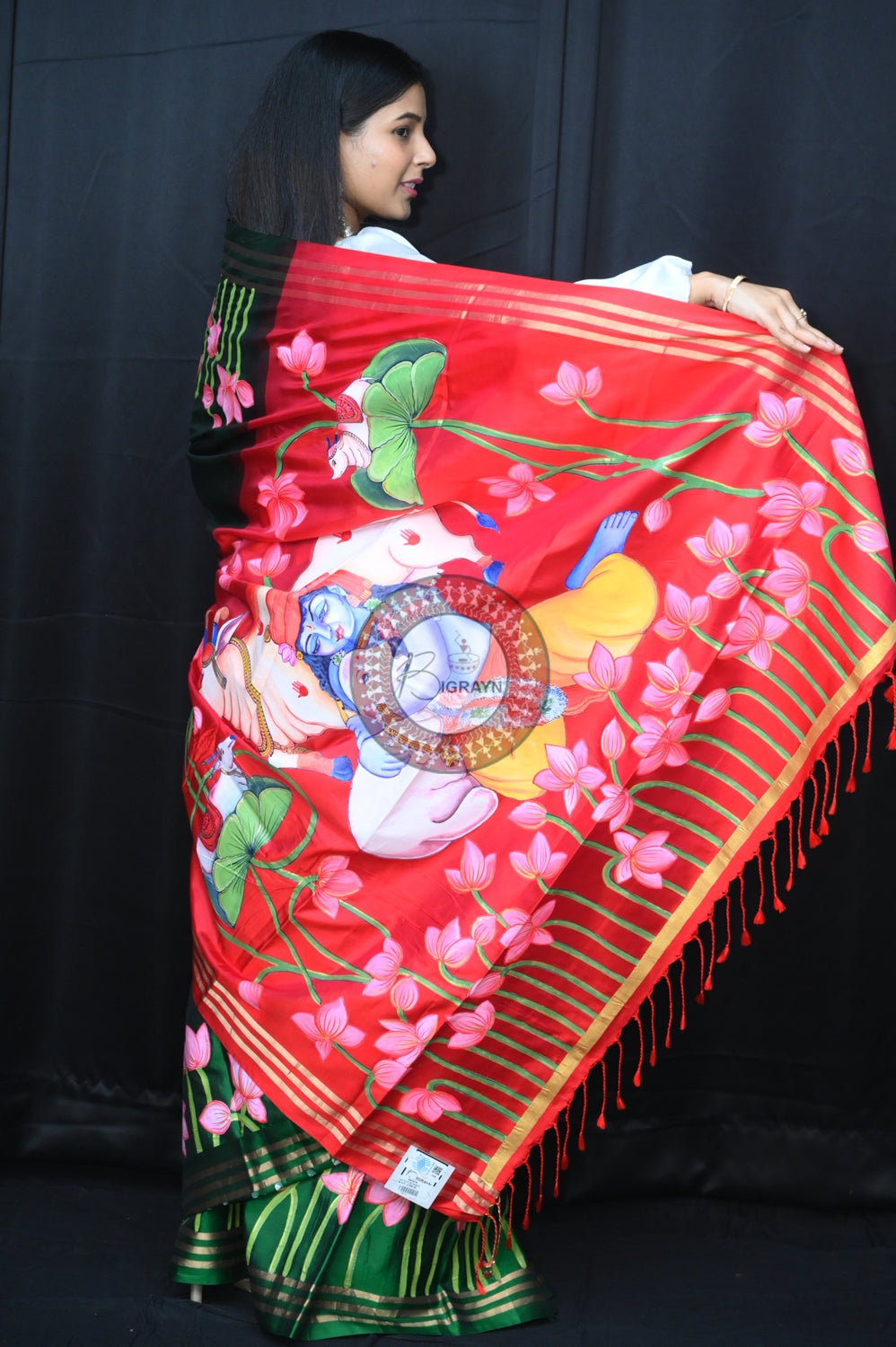 Green Red Krishna Pichwai Pattachitra Silk Saree
