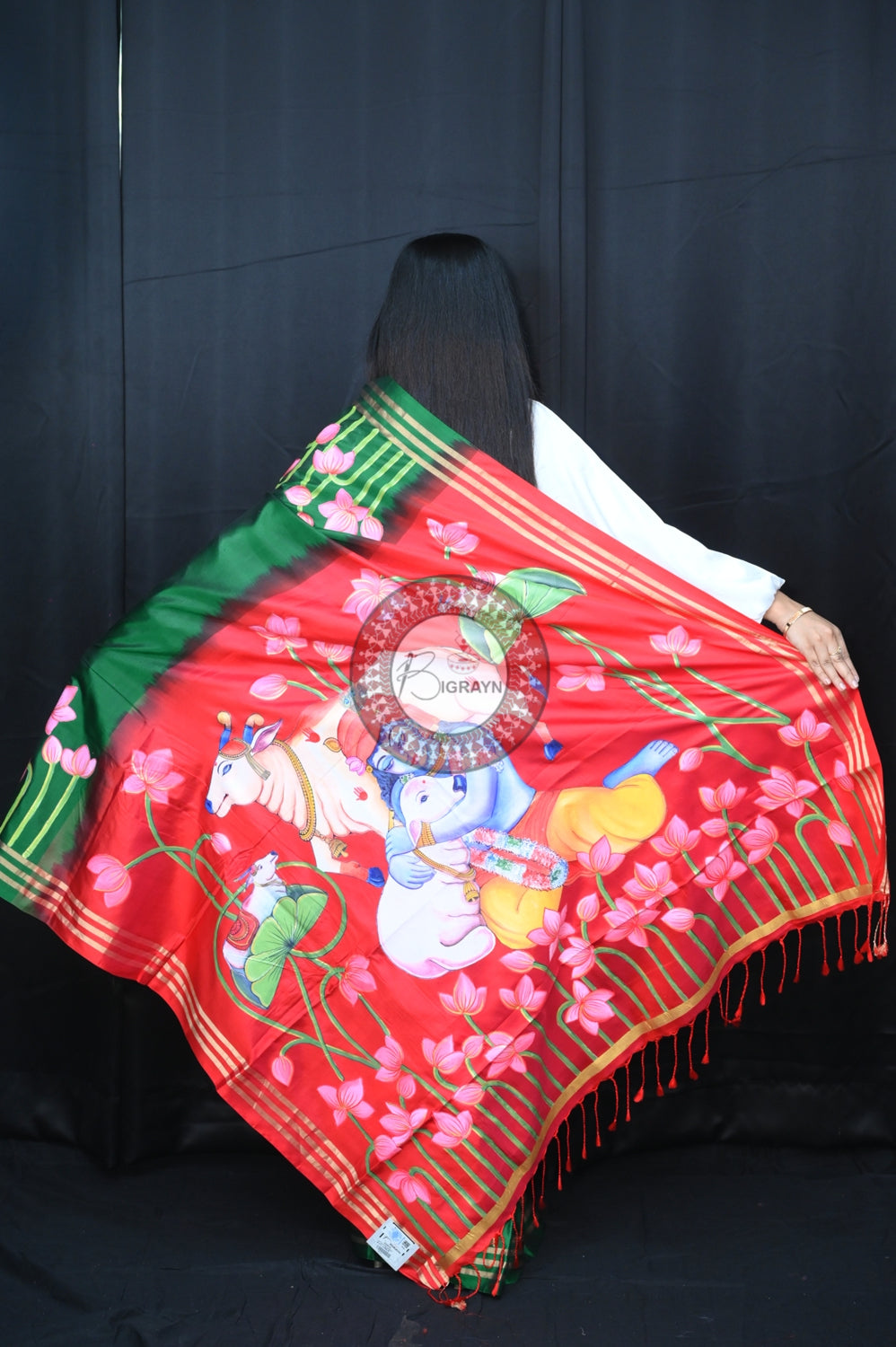 Green Red Krishna Pichwai Pattachitra Silk Saree