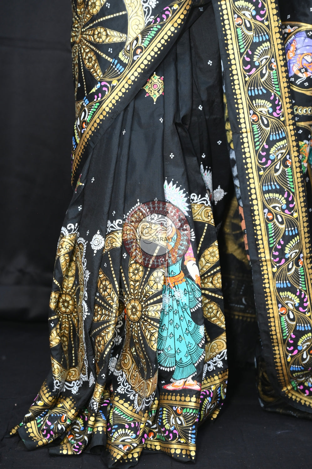 Black Heavy Work Konark Chakra Pattachitra Silk Saree