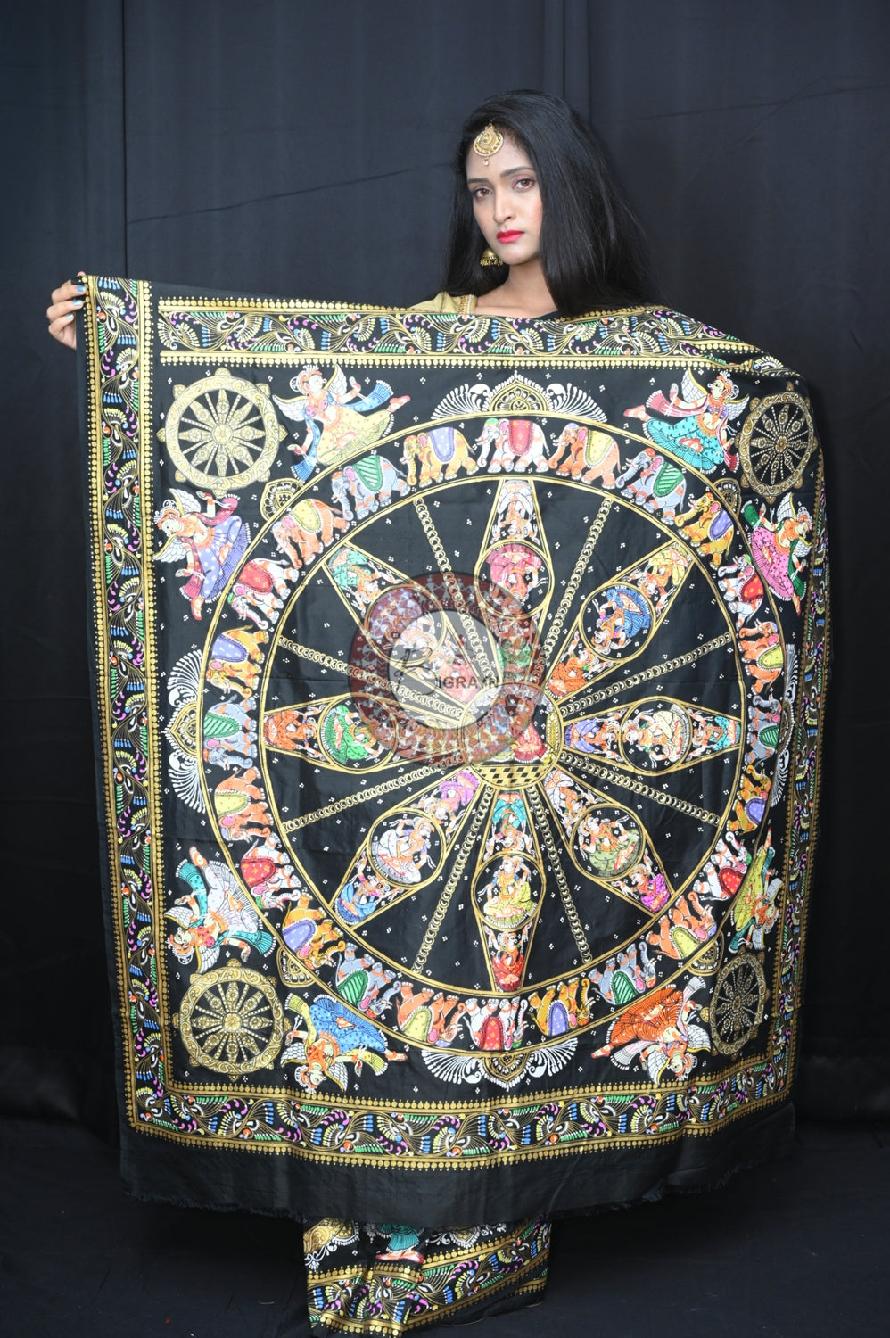 Black Heavy Work Konark Chakra Pattachitra Silk Saree