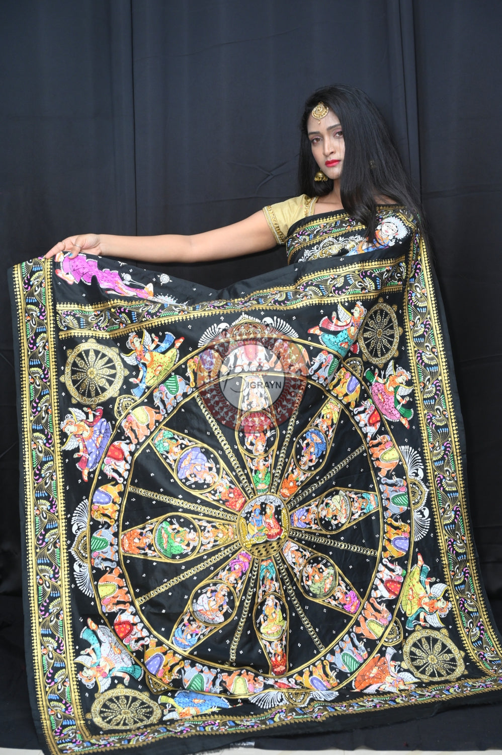 Black Heavy Work Konark Chakra Pattachitra Silk Saree