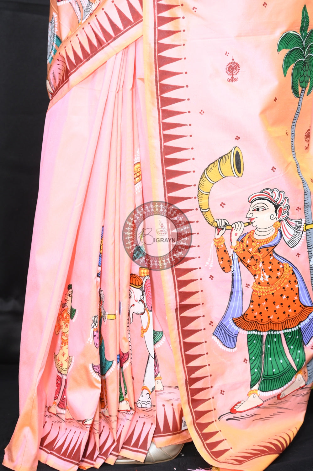 Dual Colour Peach Marriage Theme Pure Silk Pattachitra