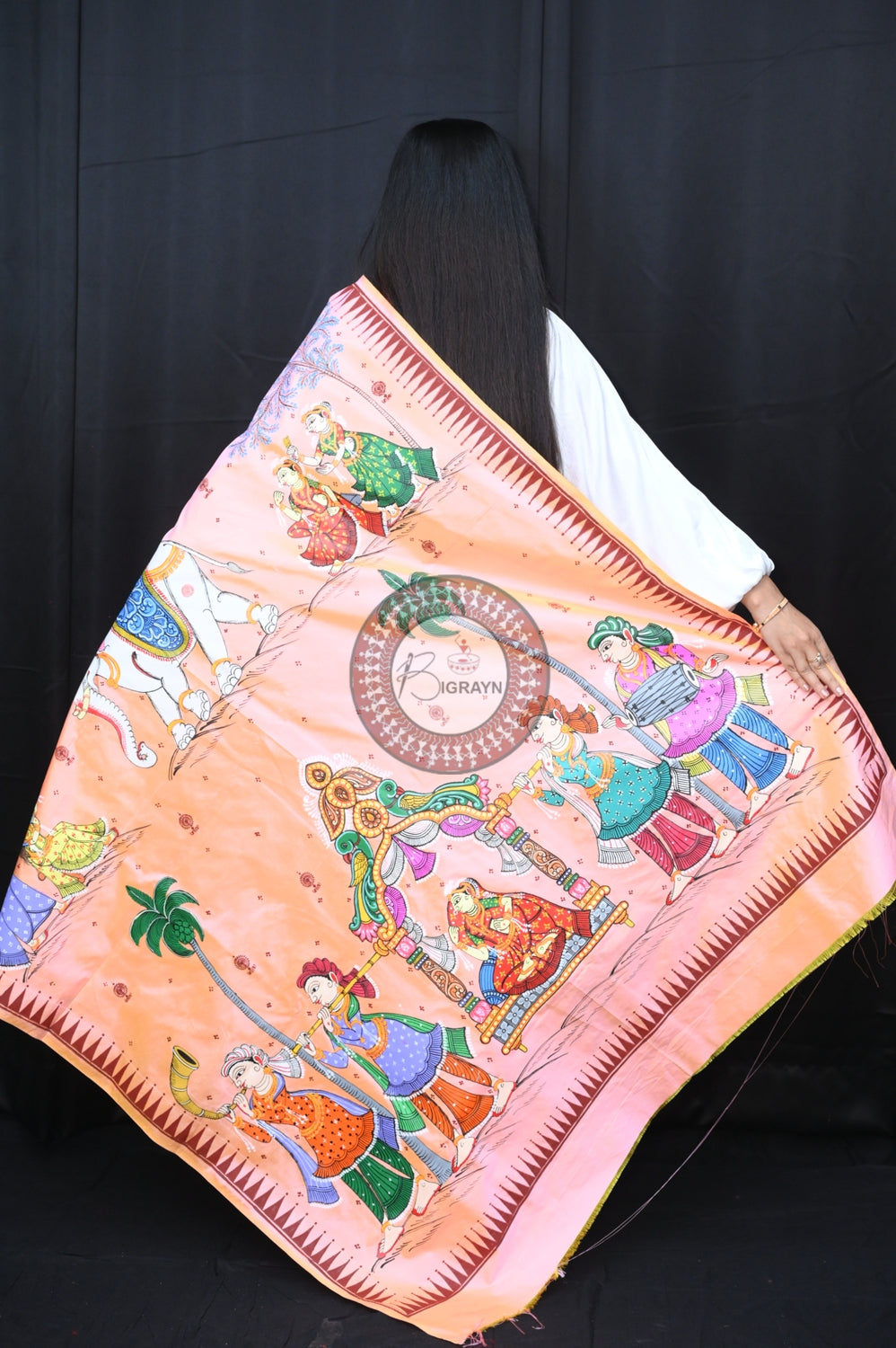 Dual Colour Peach Marriage Theme Pure Silk Pattachitra