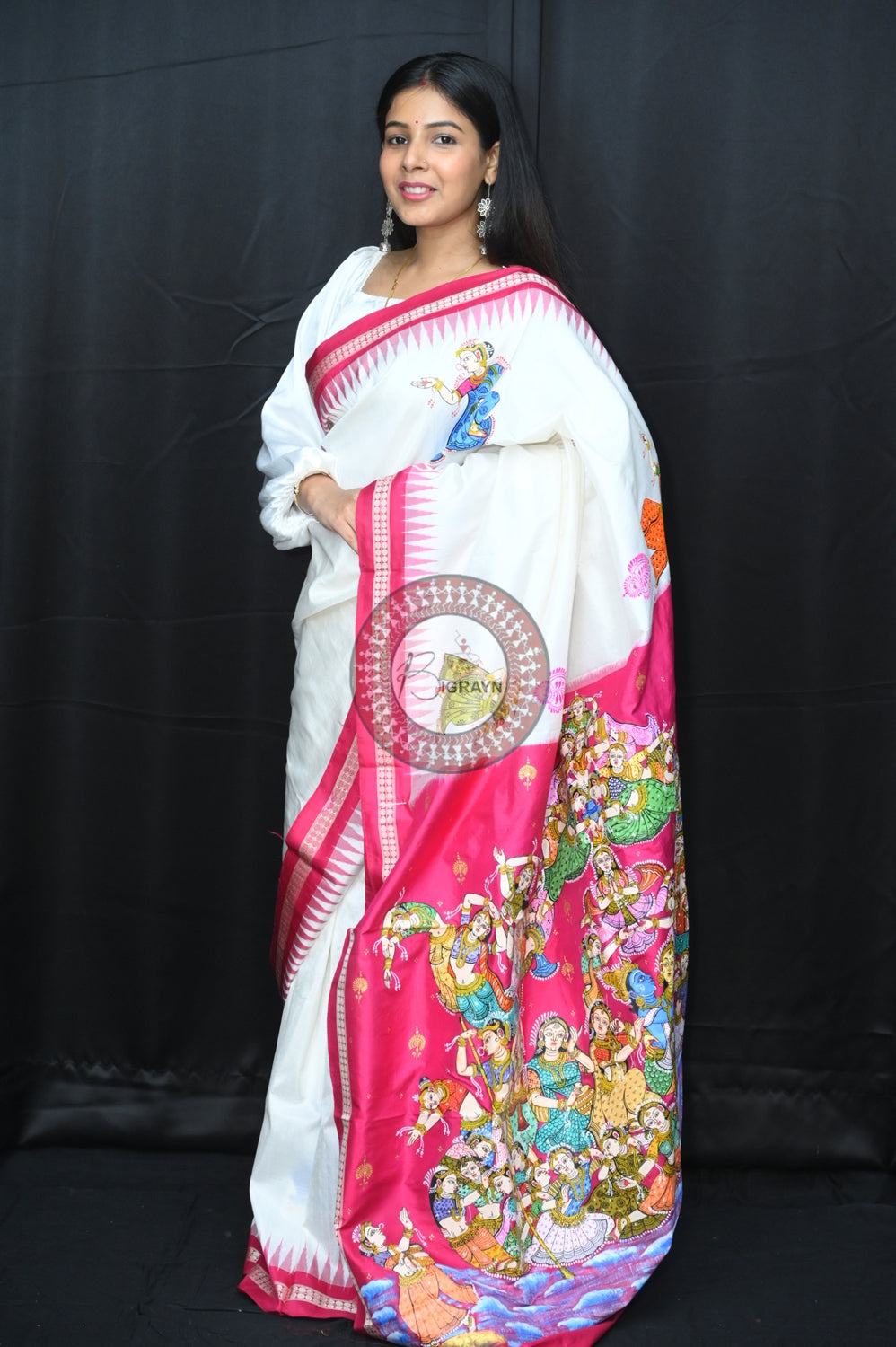 White Magenta Kandarpa Boita Sambalpuri Silk Pattachitra Saree