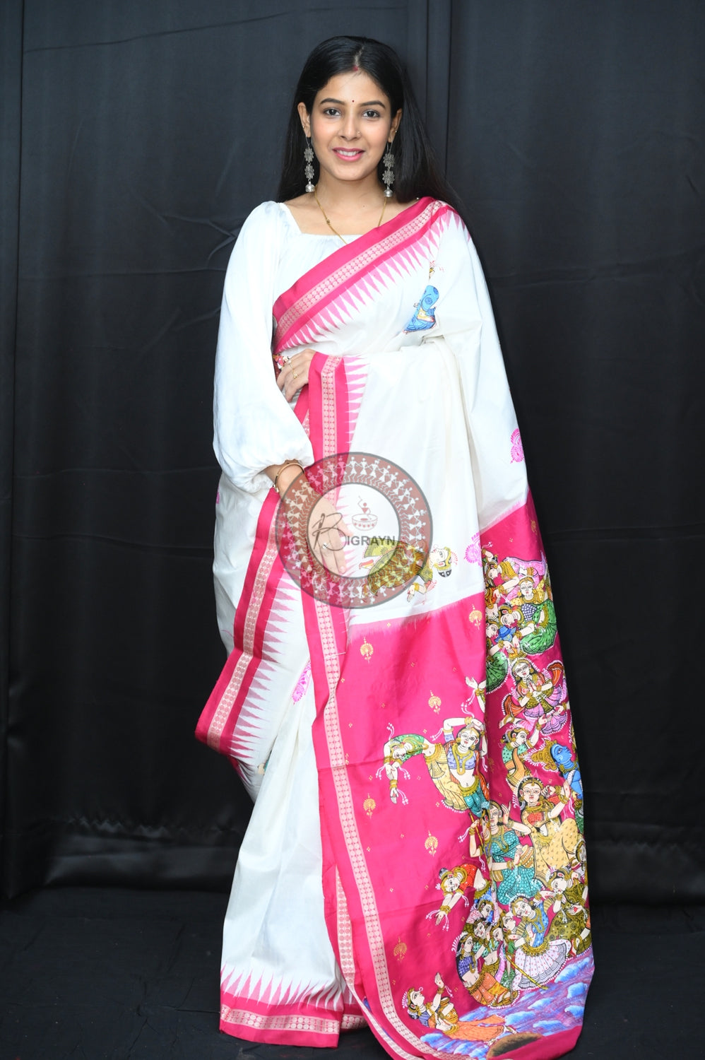 White Magenta Kandarpa Boita Sambalpuri Silk Pattachitra Saree