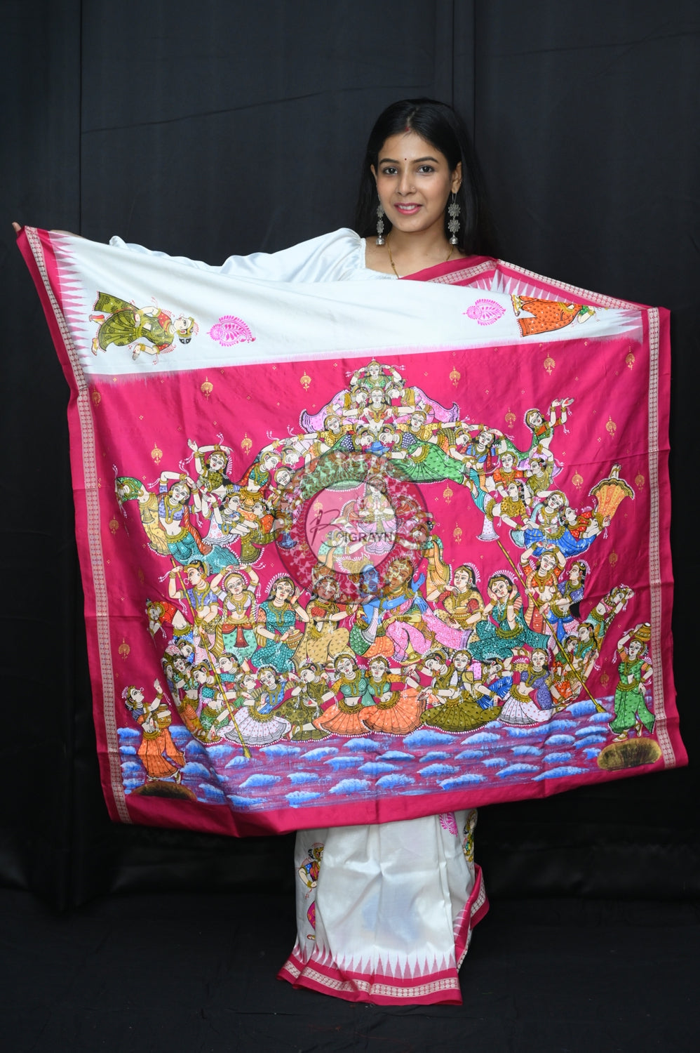 White Magenta Kandarpa Boita Sambalpuri Silk Pattachitra Saree