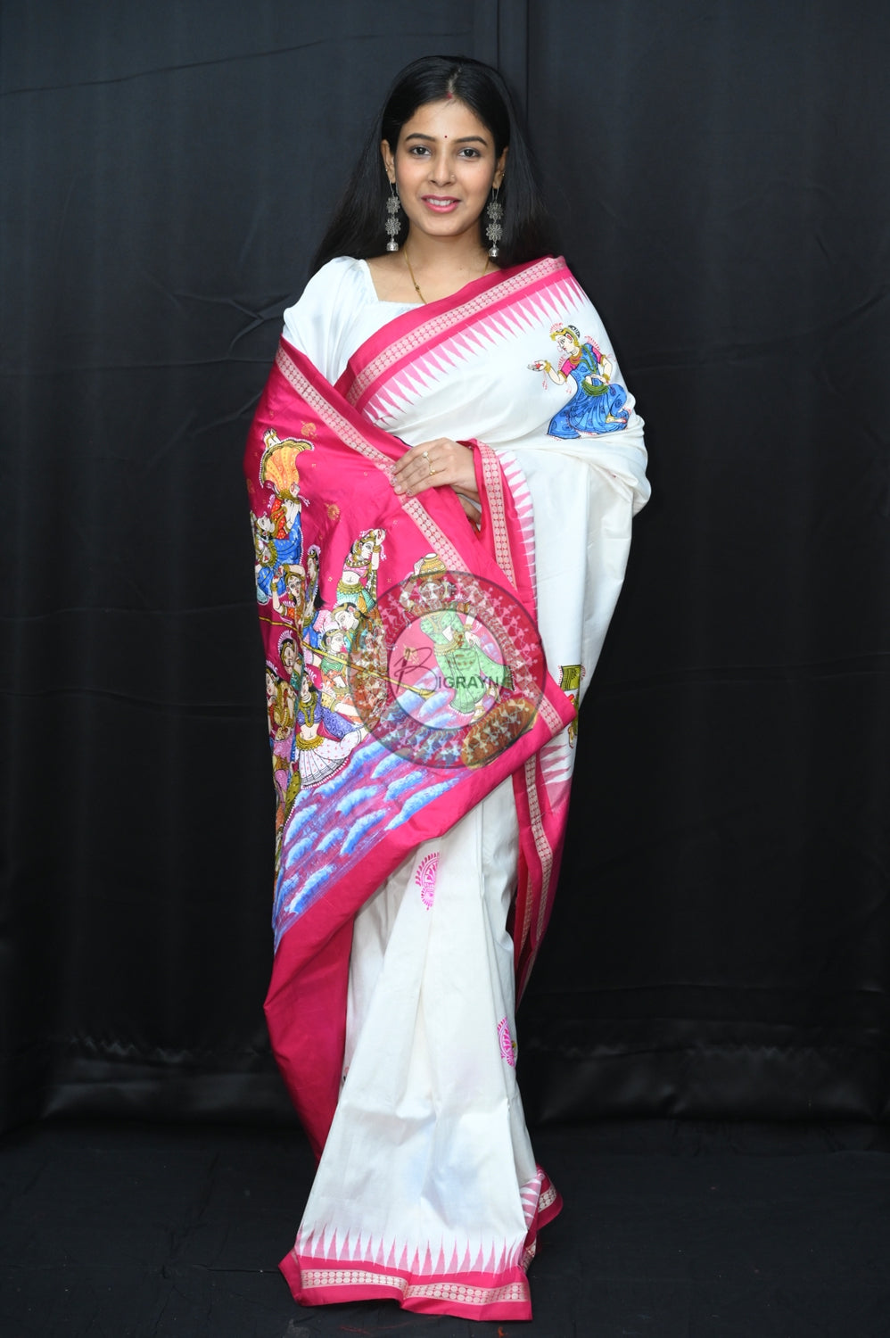 White Magenta Kandarpa Boita Sambalpuri Silk Pattachitra Saree