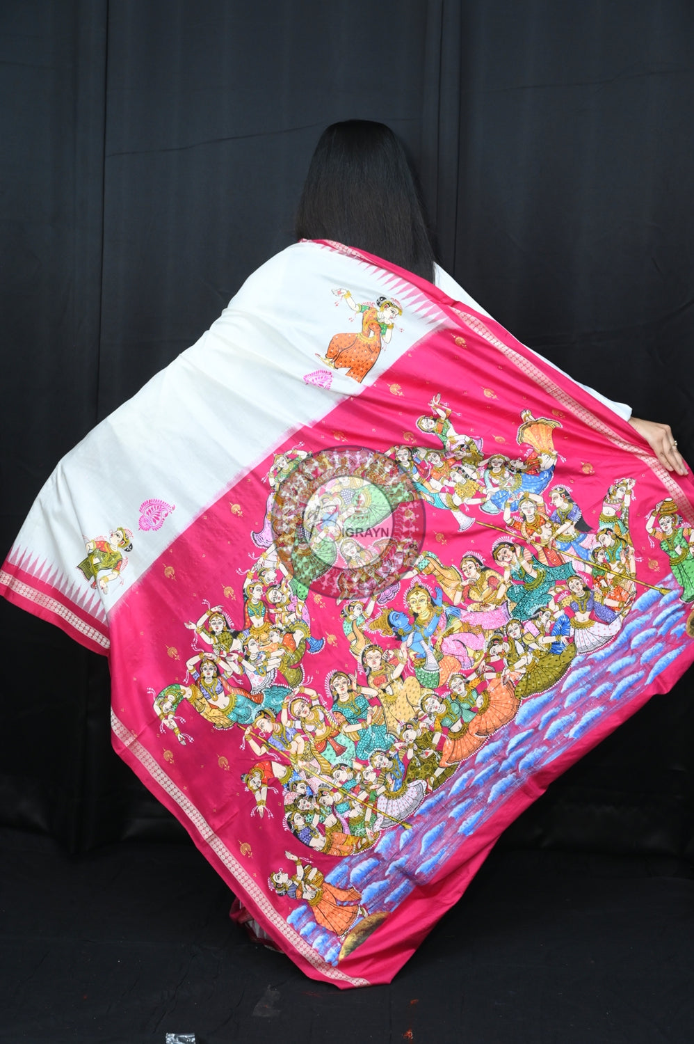 White Magenta Kandarpa Boita Sambalpuri Silk Pattachitra Saree