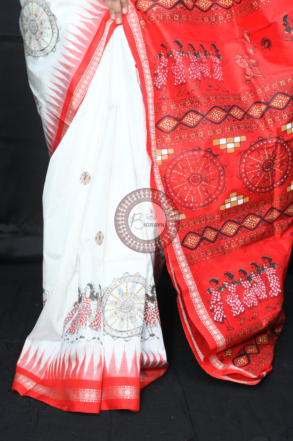 White Red Dancer Thin Work Sambalpuri Silk Pattachitra Saree