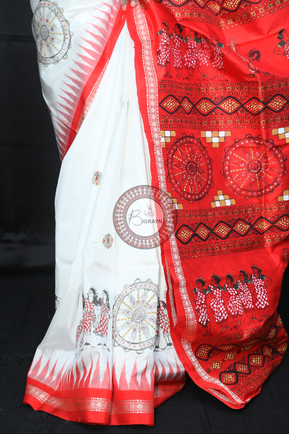 White Red Dancer Thin Work Sambalpuri Silk Pattachitra Saree