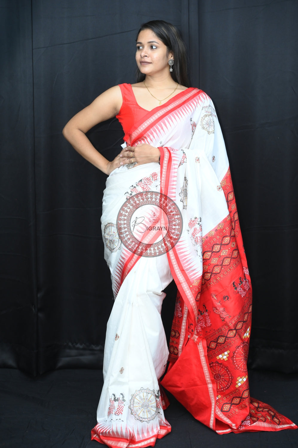 White Red Dancer Thin Work Sambalpuri Silk Pattachitra Saree