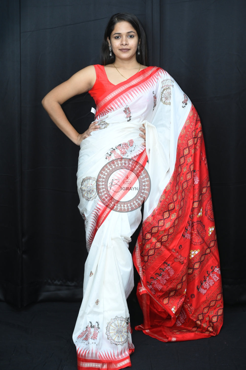 White Red Dancer Thin Work Sambalpuri Silk Pattachitra Saree