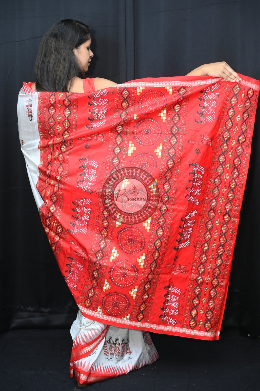 White Red Dancer Thin Work Sambalpuri Silk Pattachitra Saree