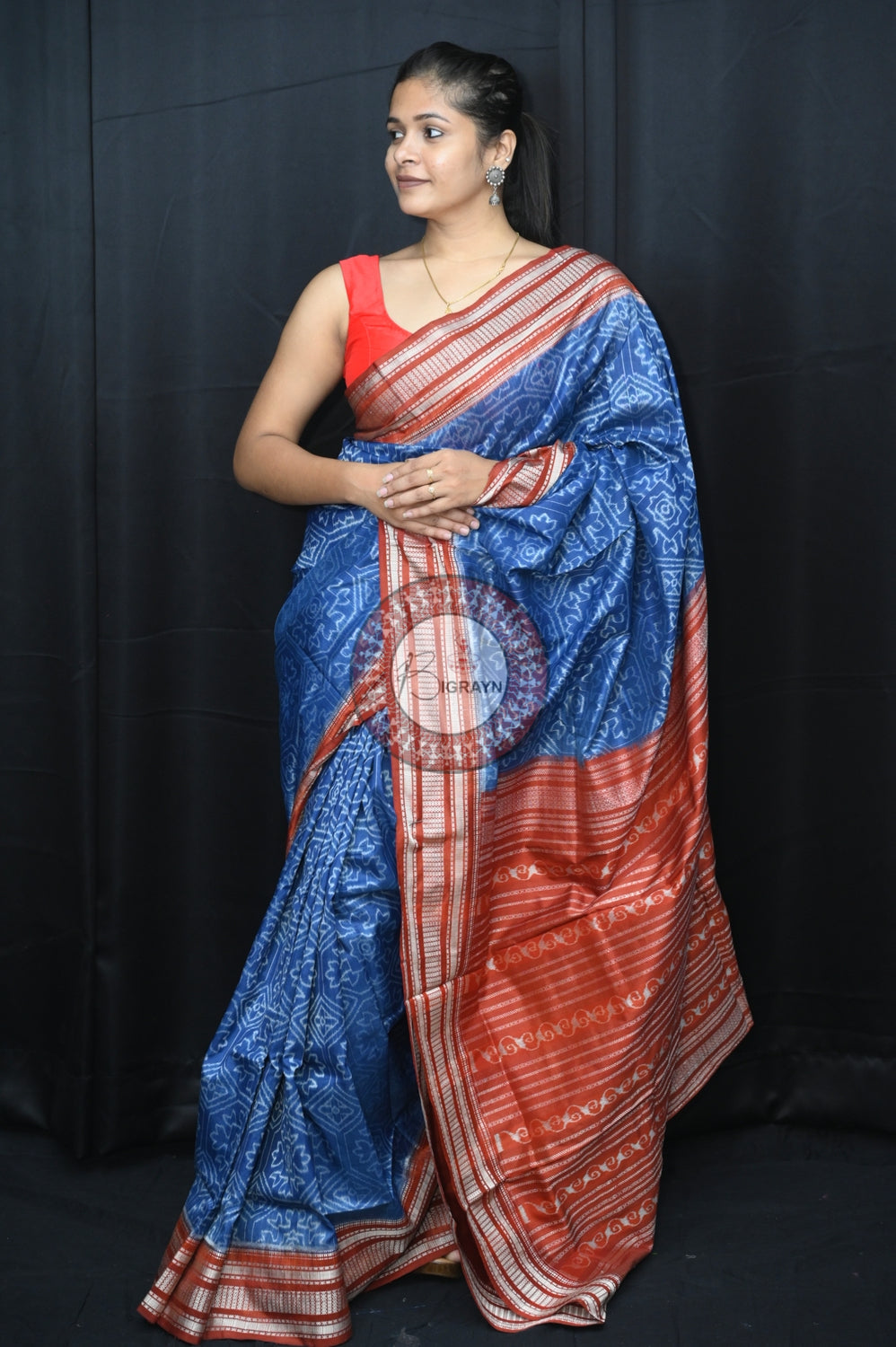 Blue Maroon Laxmi Yantra Natural Dye Silk Saree