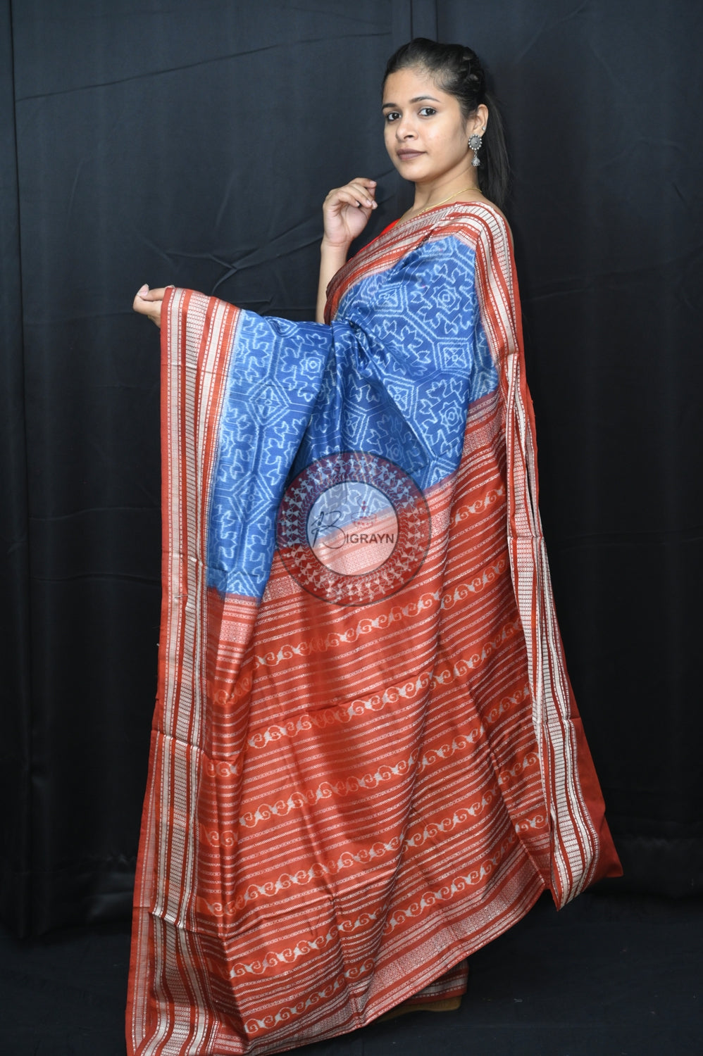 Blue Maroon Laxmi Yantra Natural Dye Silk Saree