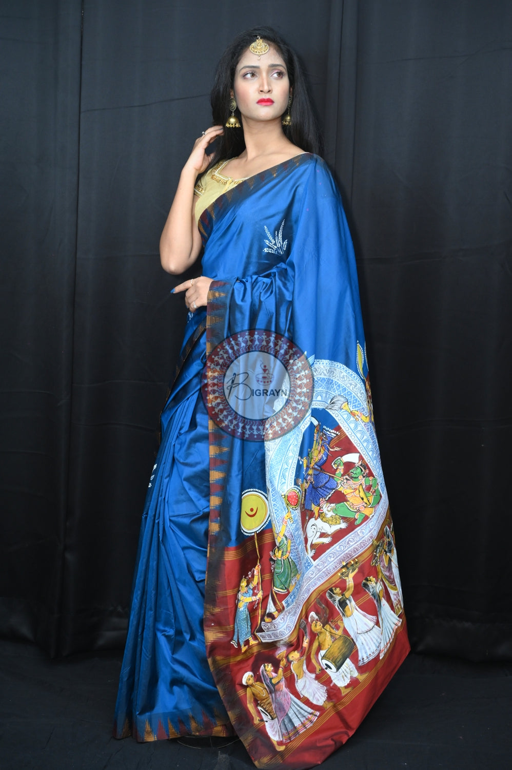 Blue Durga Puja Theme Exclusive Pattachitra Silk Saree