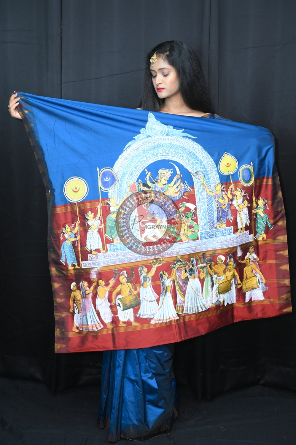Blue Durga Puja Theme Exclusive Pattachitra Silk Saree