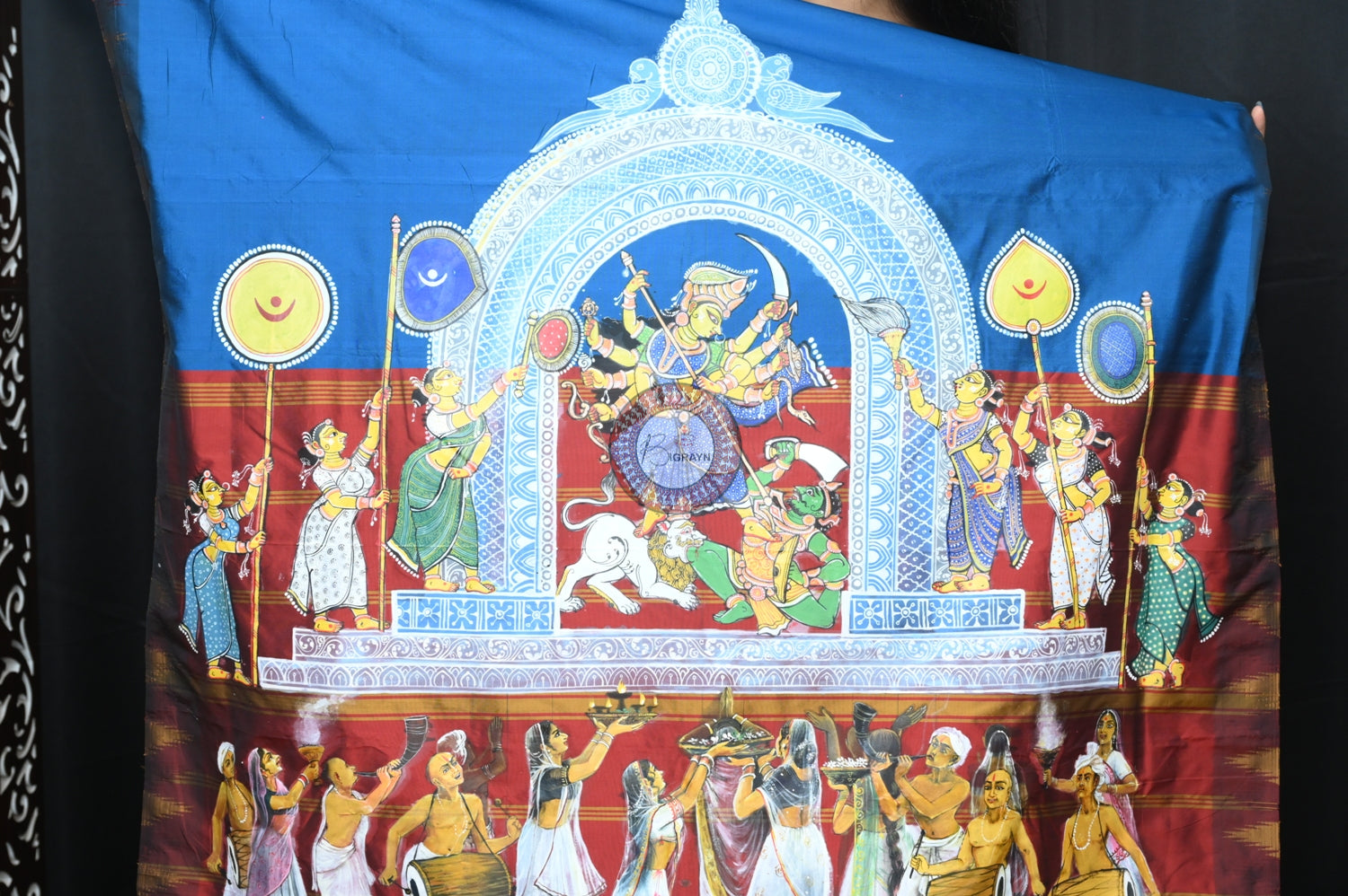Blue Durga Puja Theme Exclusive Pattachitra Silk Saree