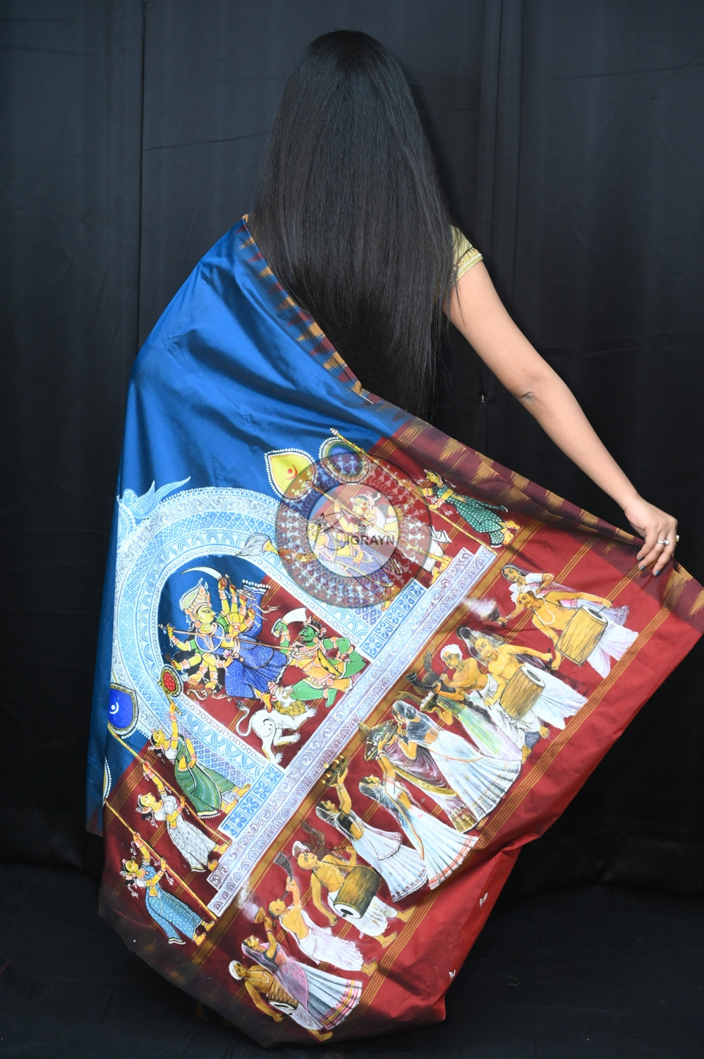Blue Durga Puja Theme Exclusive Pattachitra Silk Saree