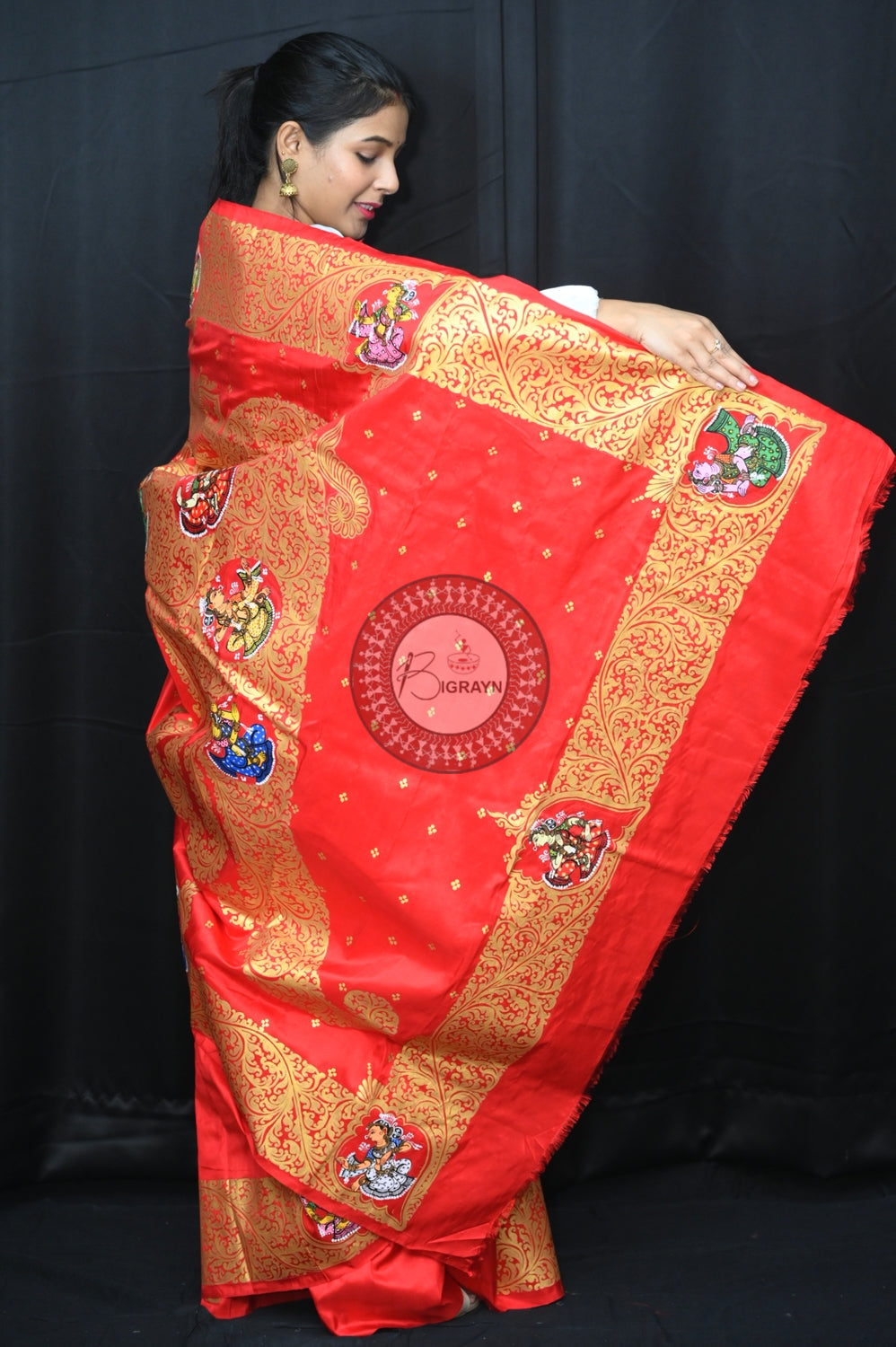 Red Kandarpa Sankha Pattachitra Silk Saree