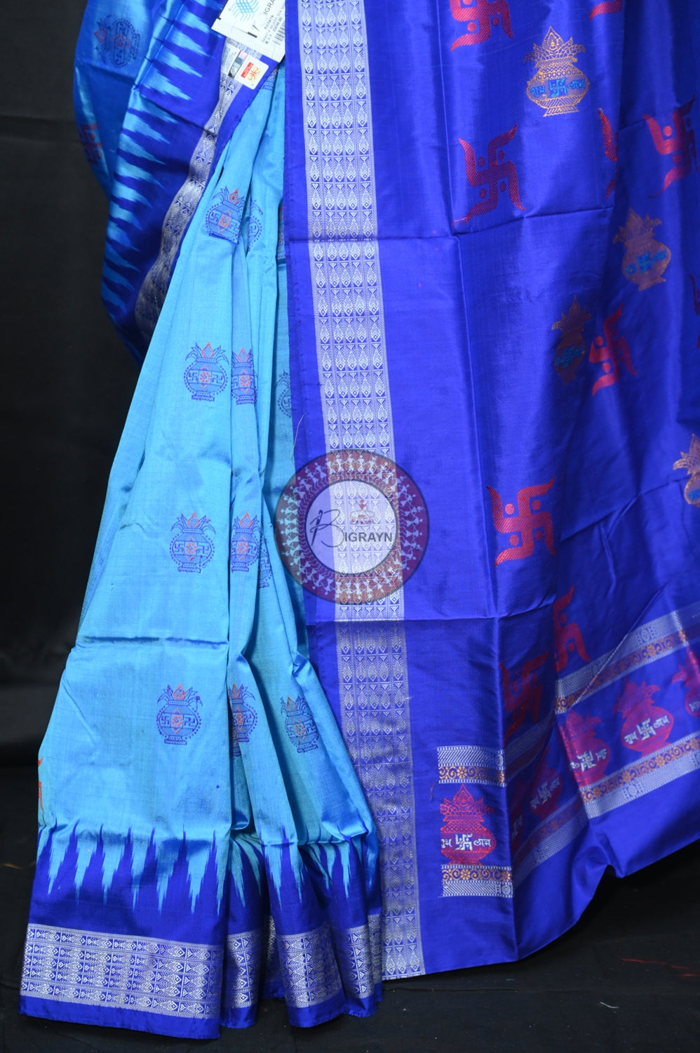 Blue Swastik Kalash Silk Saree