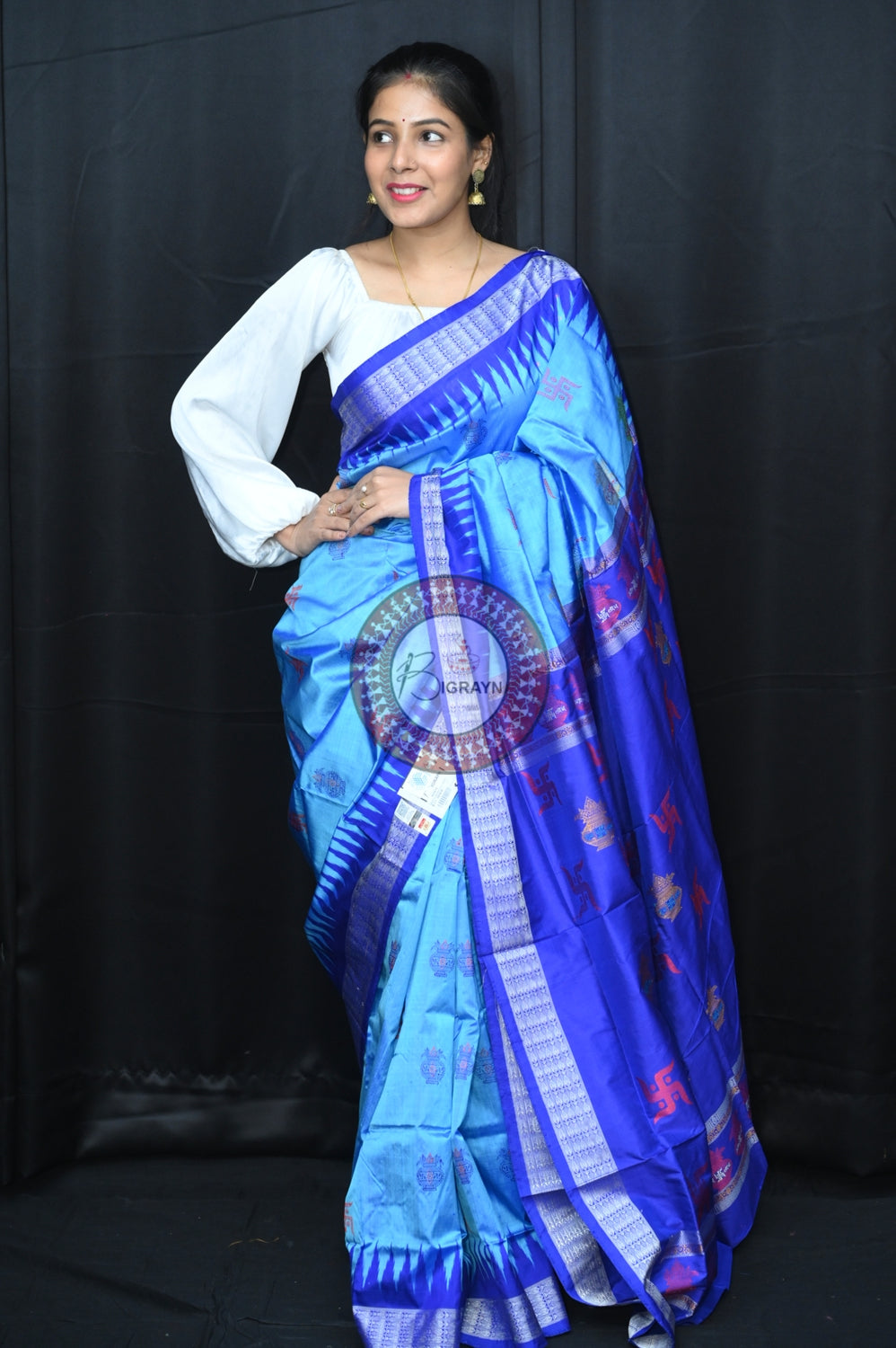 Blue Swastik Kalash Silk Saree