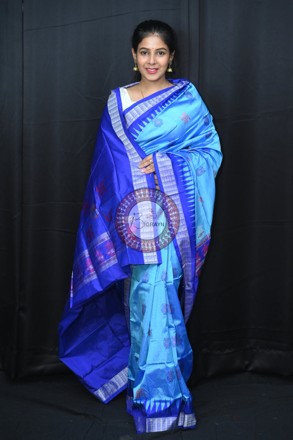 Blue Swastik Kalash Silk Saree