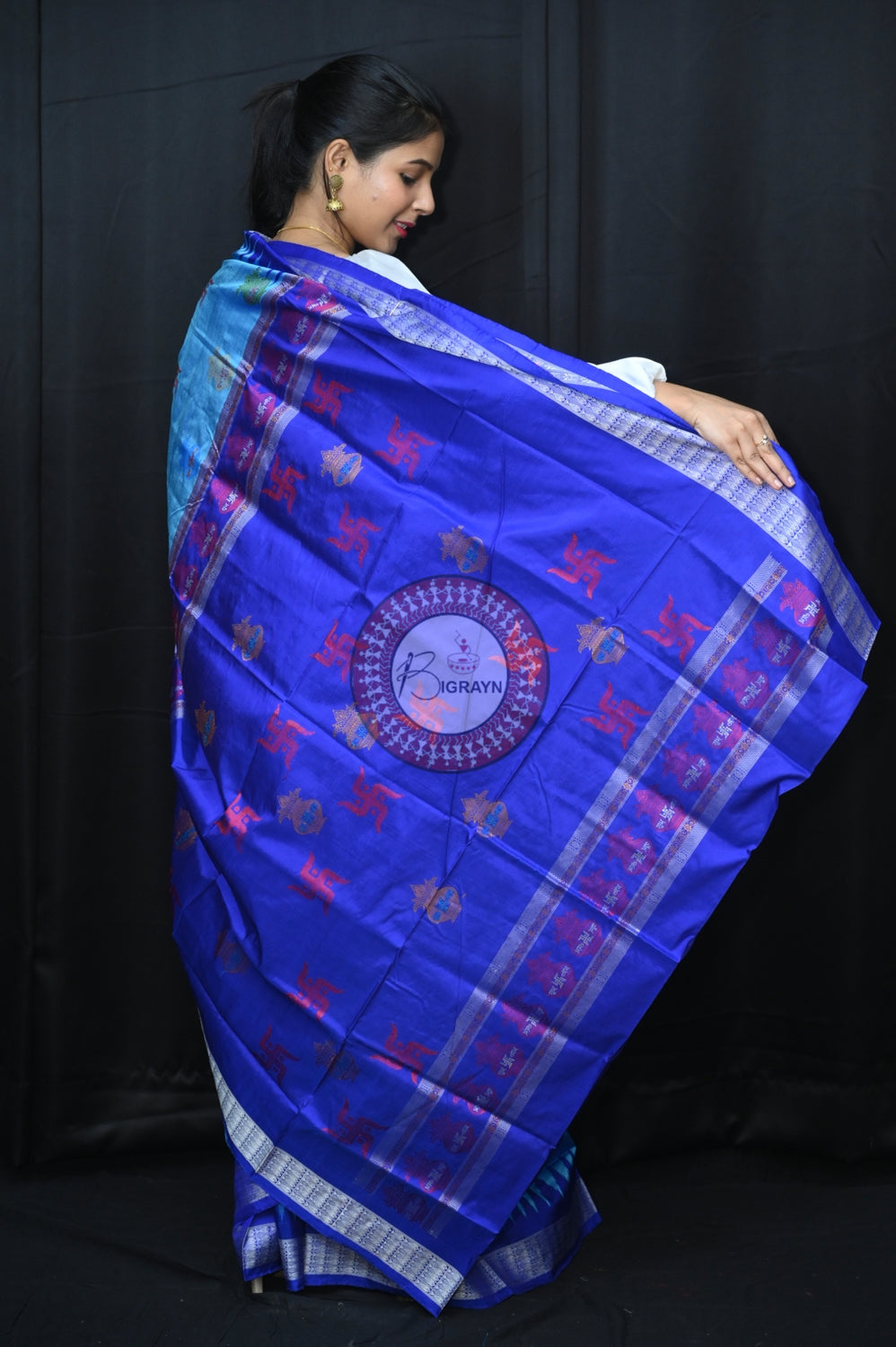 Blue Swastik Kalash Silk Saree