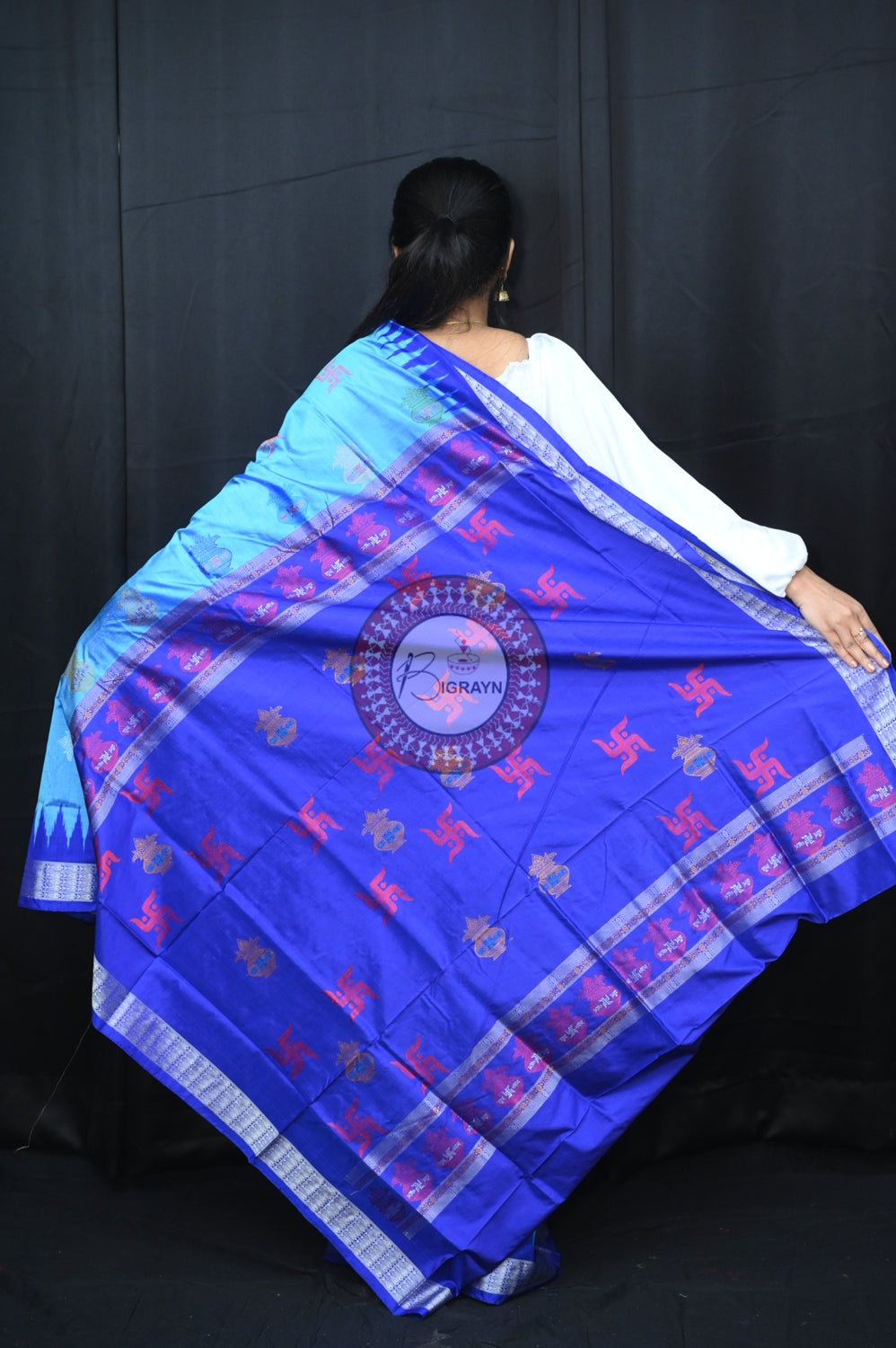 Blue Swastik Kalash Silk Saree
