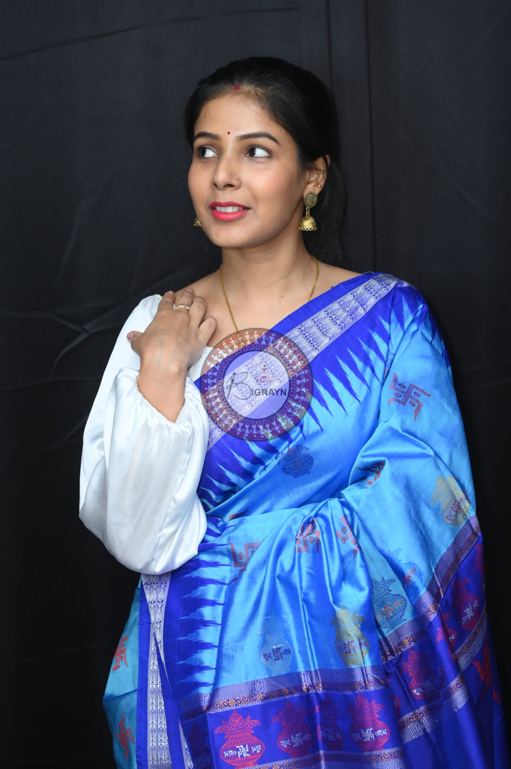 Blue Swastik Kalash Silk Saree