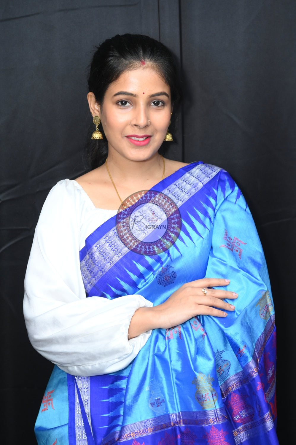 Blue Swastik Kalash Silk Saree
