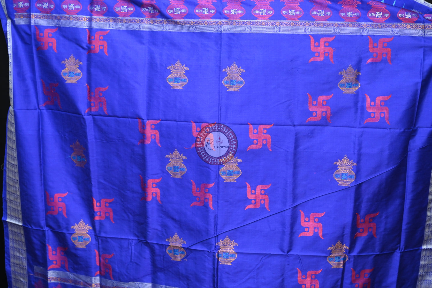 Blue Swastik Kalash Silk Saree
