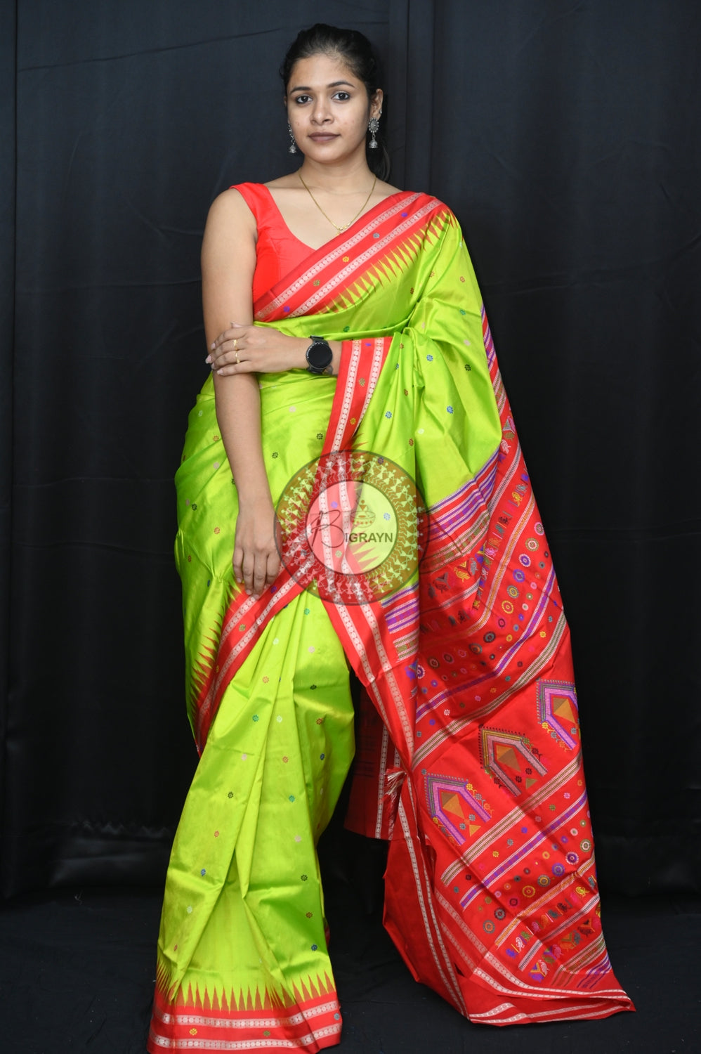 Neon Green Red Dolabedi Silk Saree
