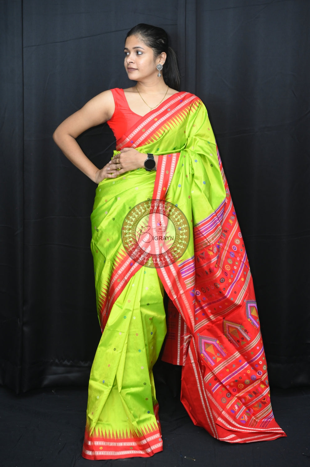 Neon Green Red Dolabedi Silk Saree