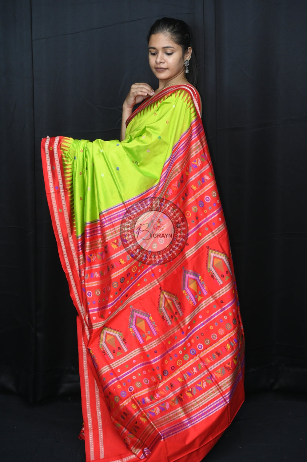 Neon Green Red Dolabedi Silk Saree