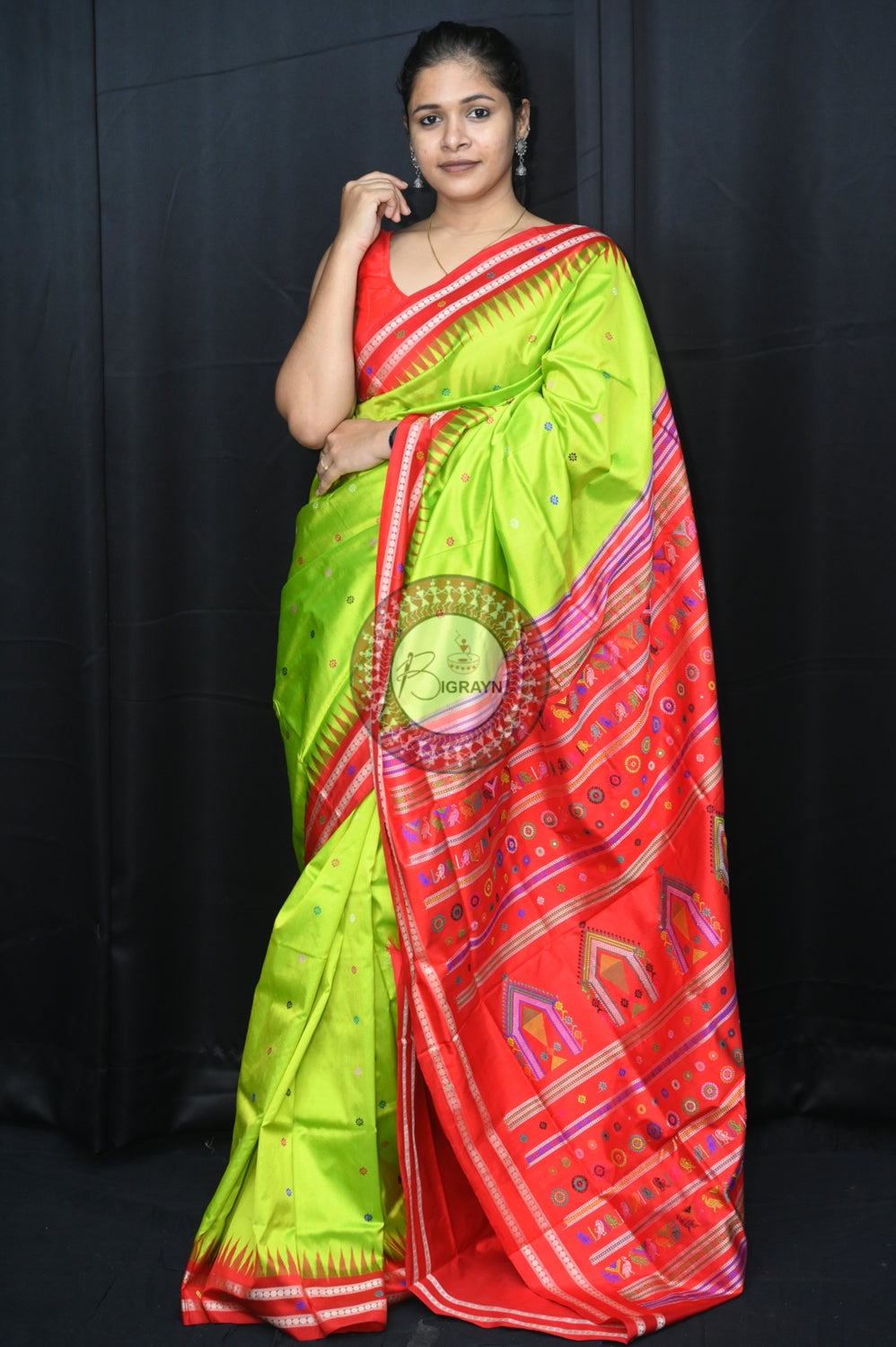 Neon Green Red Dolabedi Silk Saree