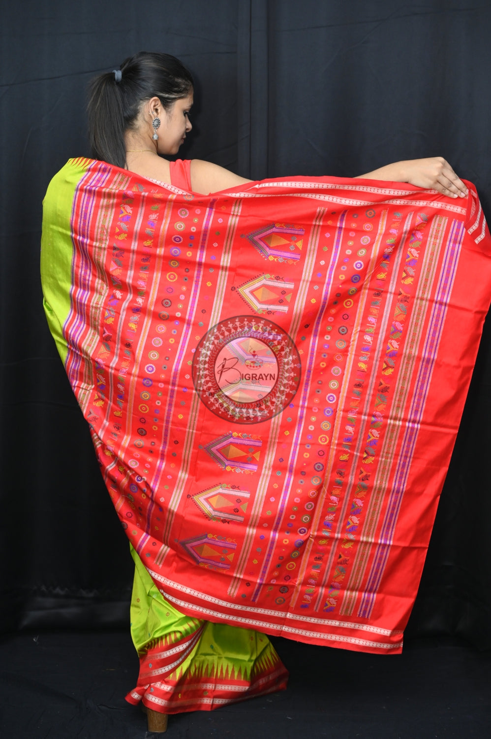 Neon Green Red Dolabedi Silk Saree