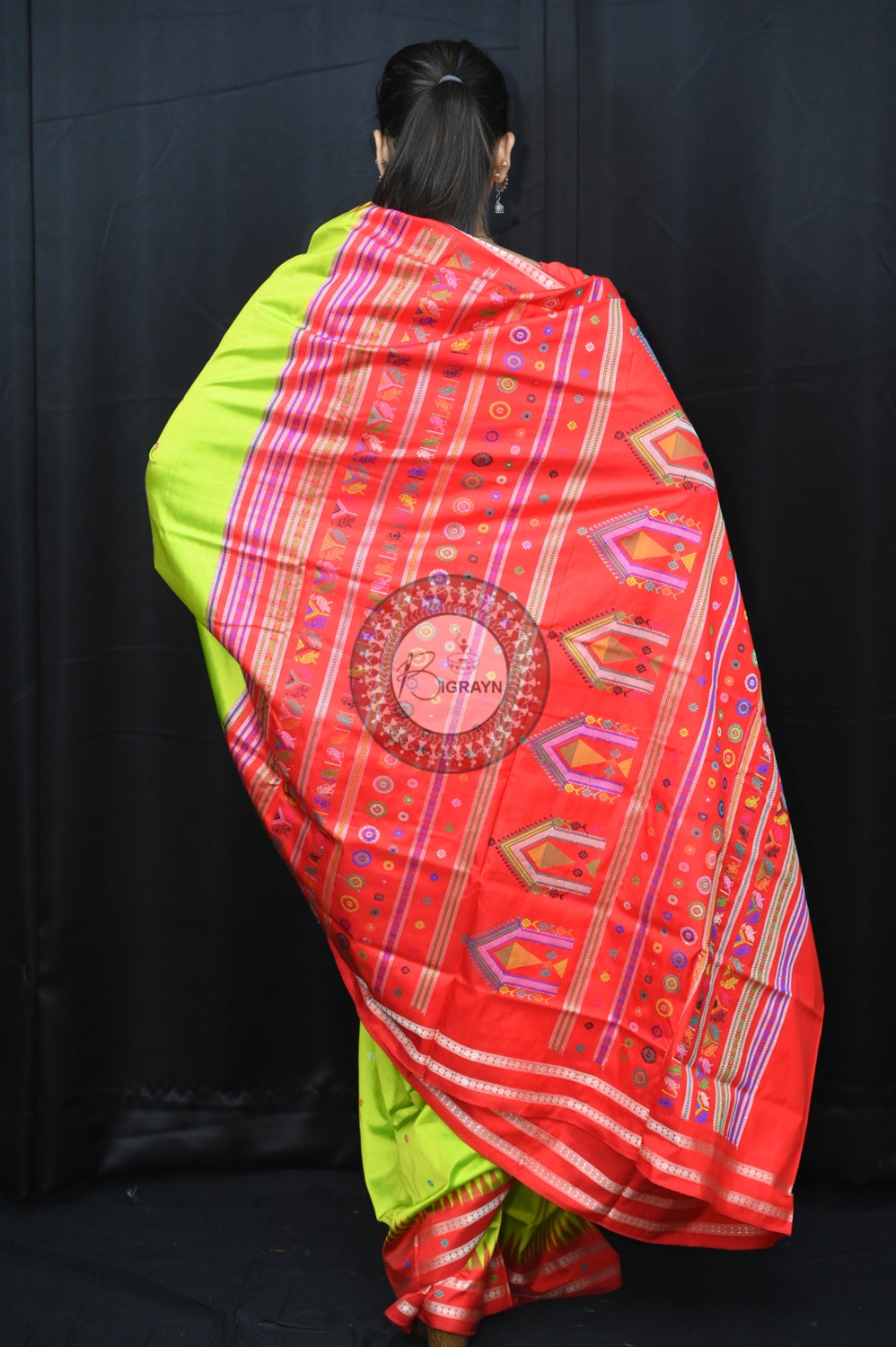 Neon Green Red Dolabedi Silk Saree