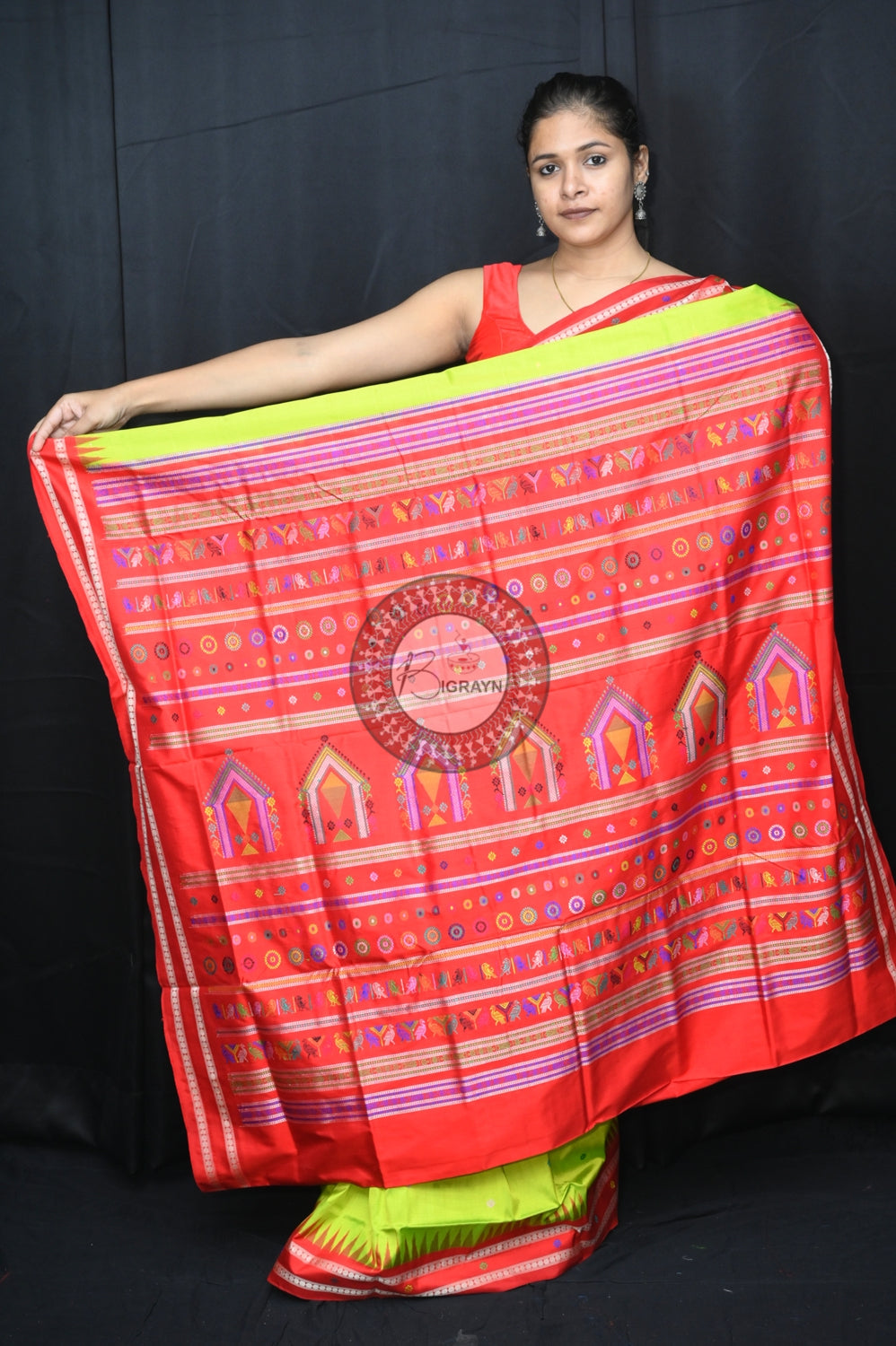 Neon Green Red Dolabedi Silk Saree