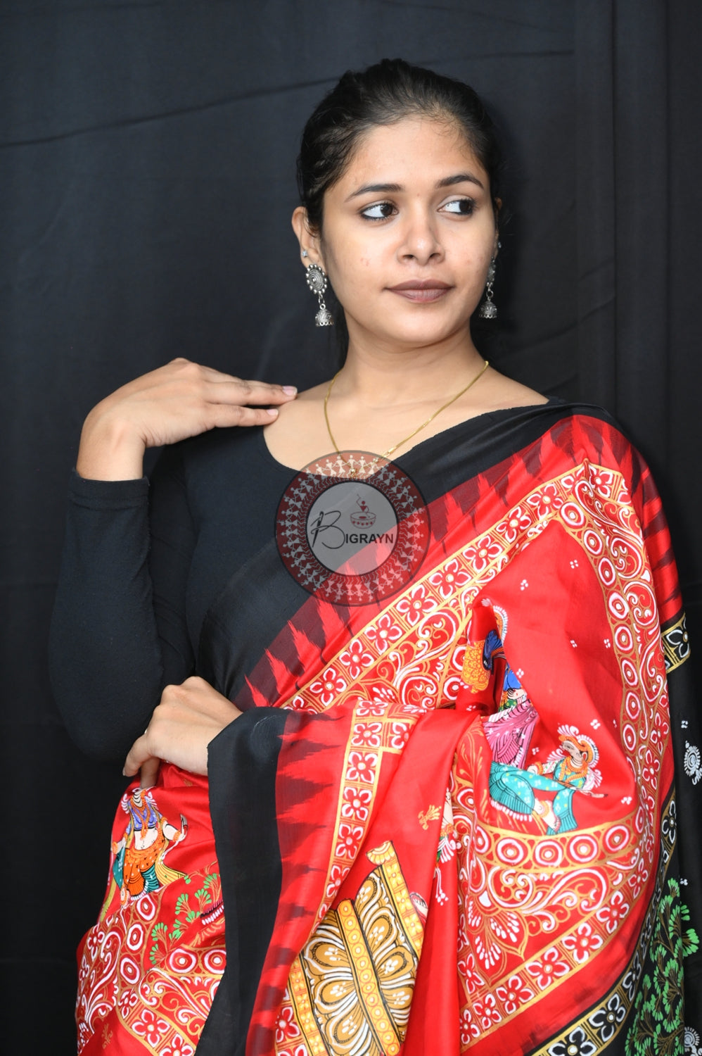 Red Black Big Box Radha Krishna Doli Pattachitra Silk Saree