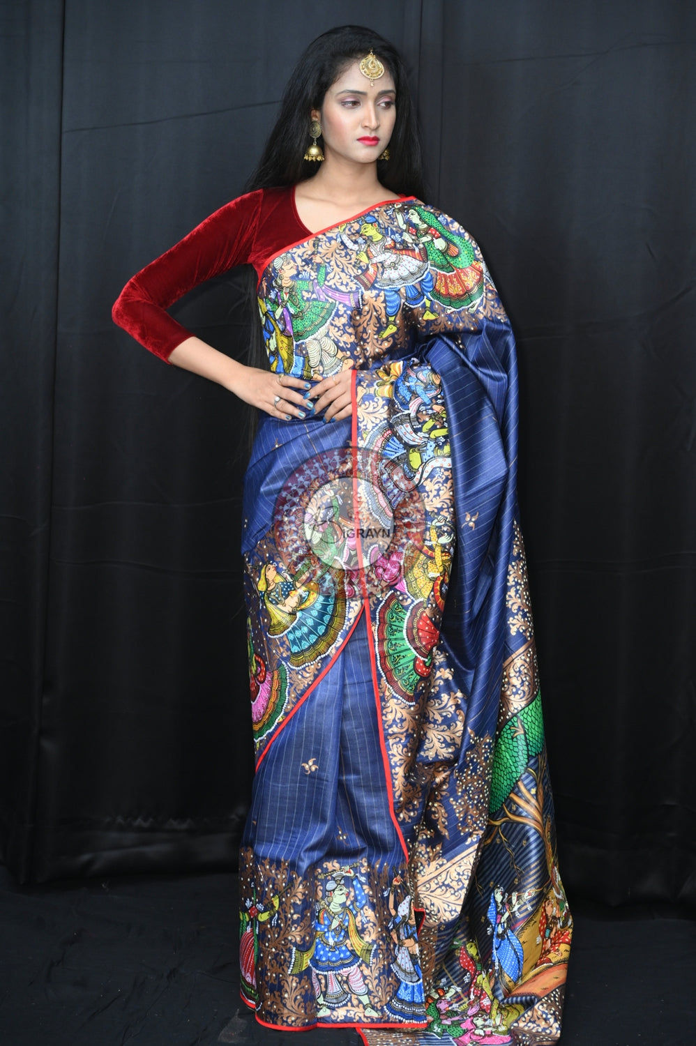 Grey Red Bata Sabitri Theme Tussar Pattachitra Saree