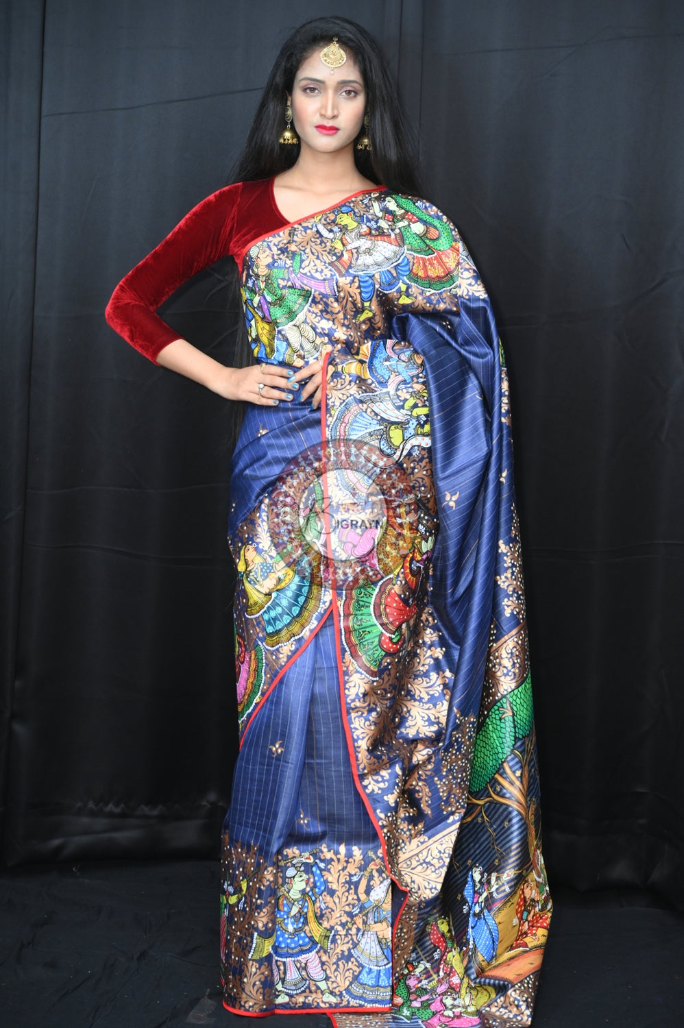 Grey Red Bata Sabitri Theme Tussar Pattachitra Saree