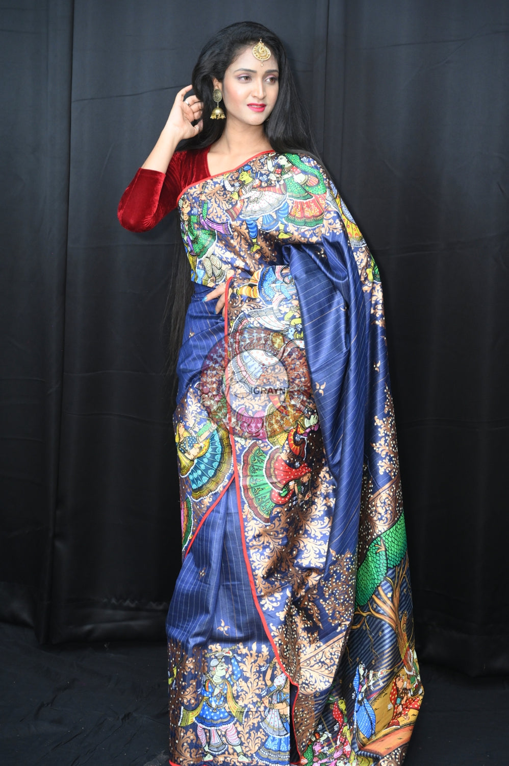 Grey Red Bata Sabitri Theme Tussar Pattachitra Saree