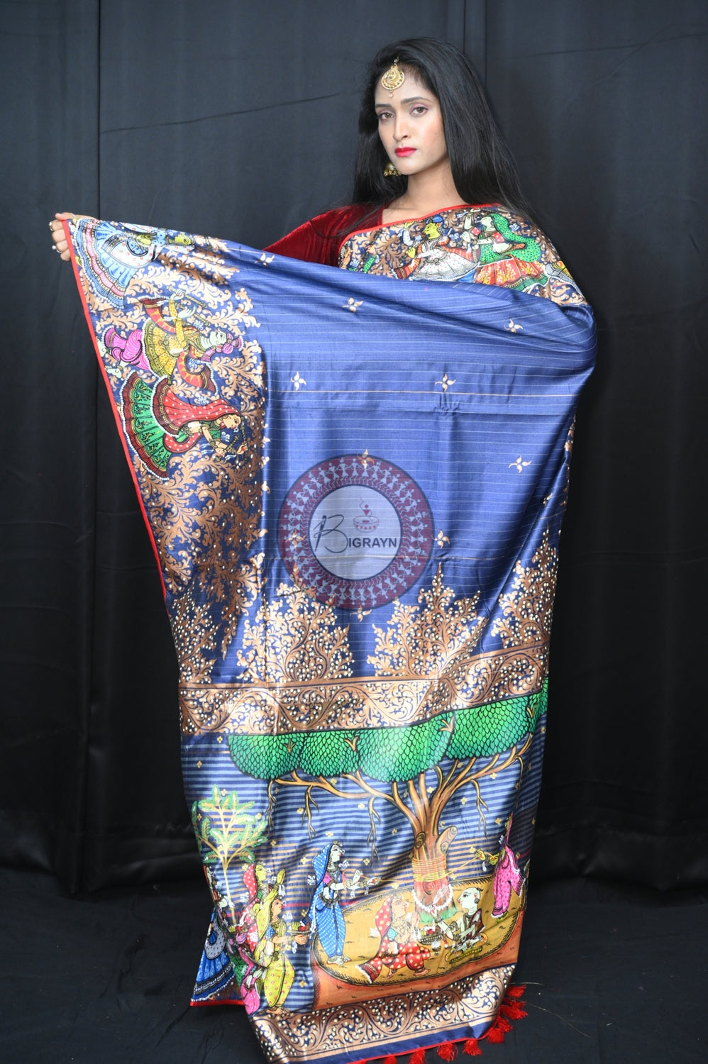Grey Red Bata Sabitri Theme Tussar Pattachitra Saree