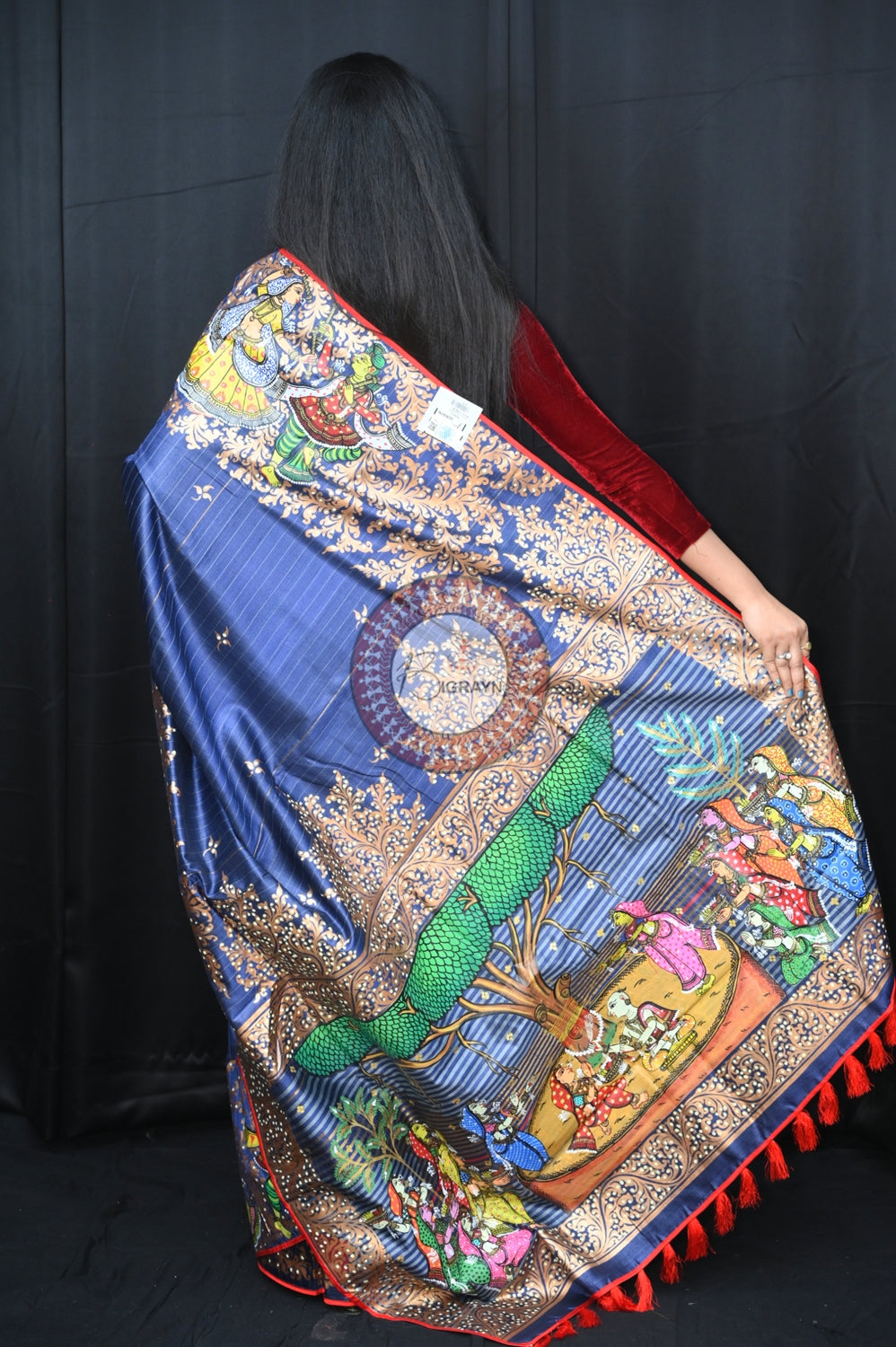 Grey Red Bata Sabitri Theme Tussar Pattachitra Saree